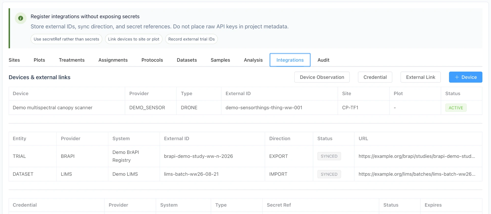 Integrations screen: a registered demonstration sensor device, and external links to a BrAPI registry (export) and a LIMS batch (import), with guidance to use secret references rather than raw API keys.