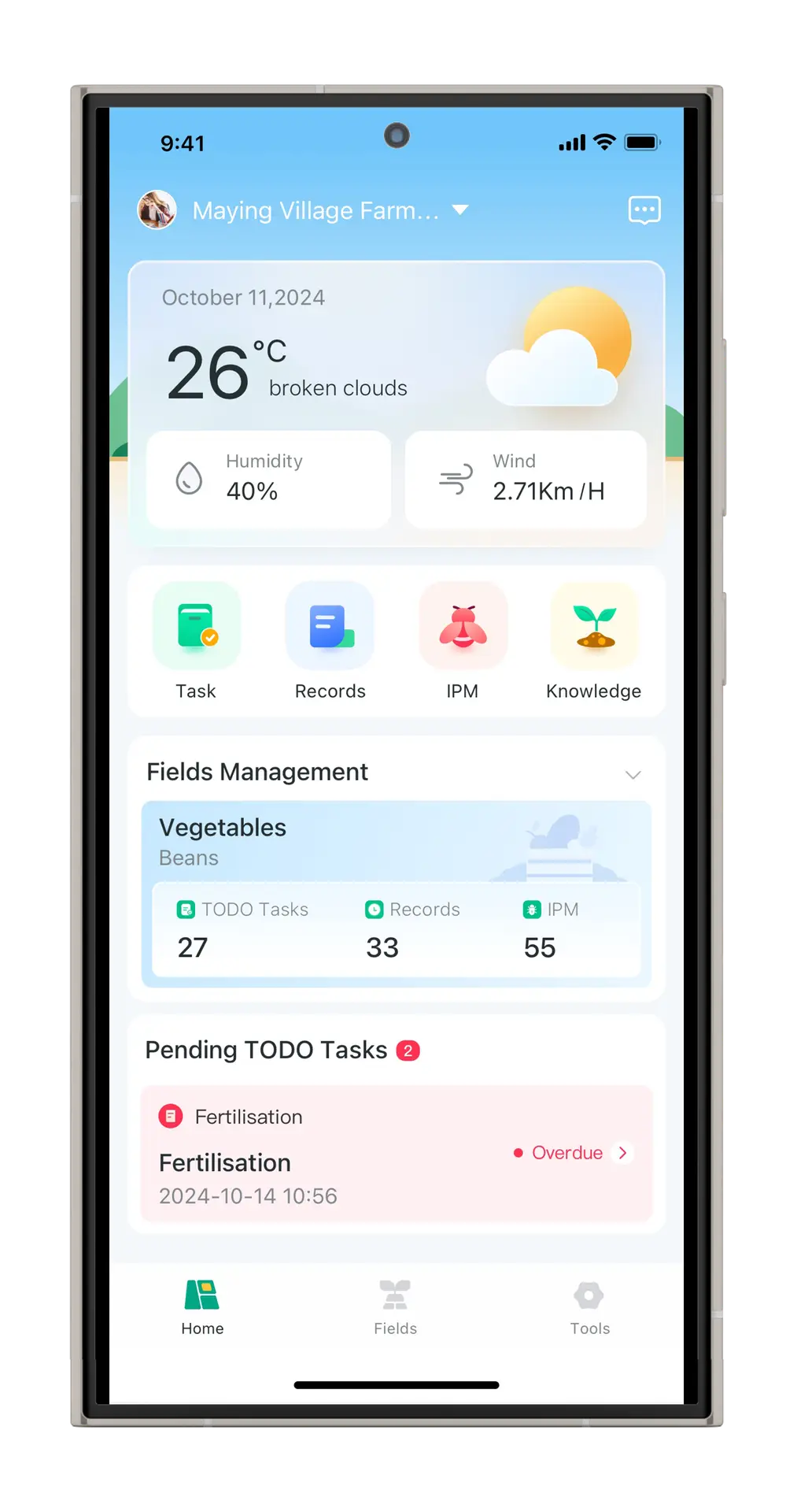 Parallel Farm mobile app: Maying Village Farm overview with weather, four quick actions and pending tasks.