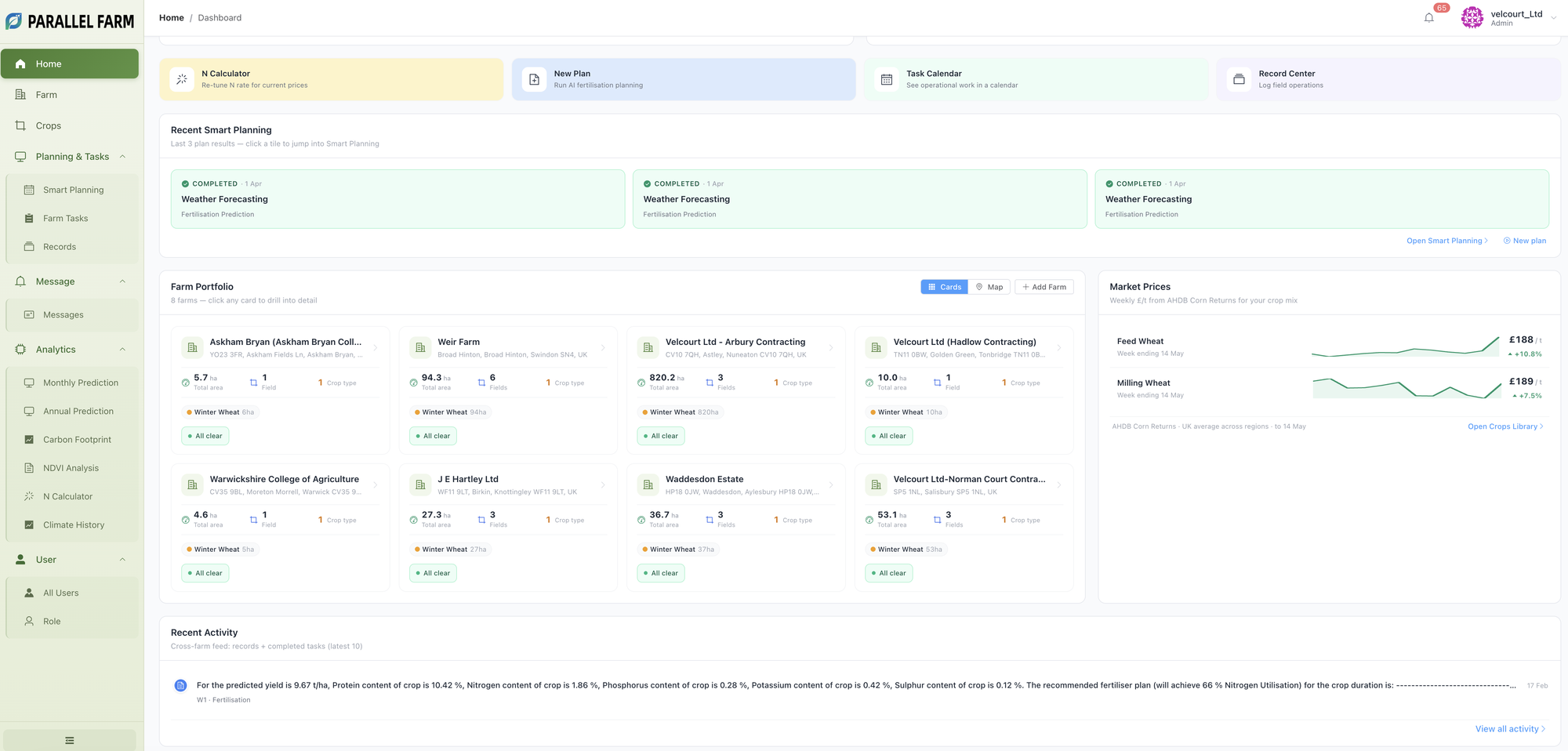 Parallel Farm web dashboard with 14-day field outlook and Smart Planning hub.
