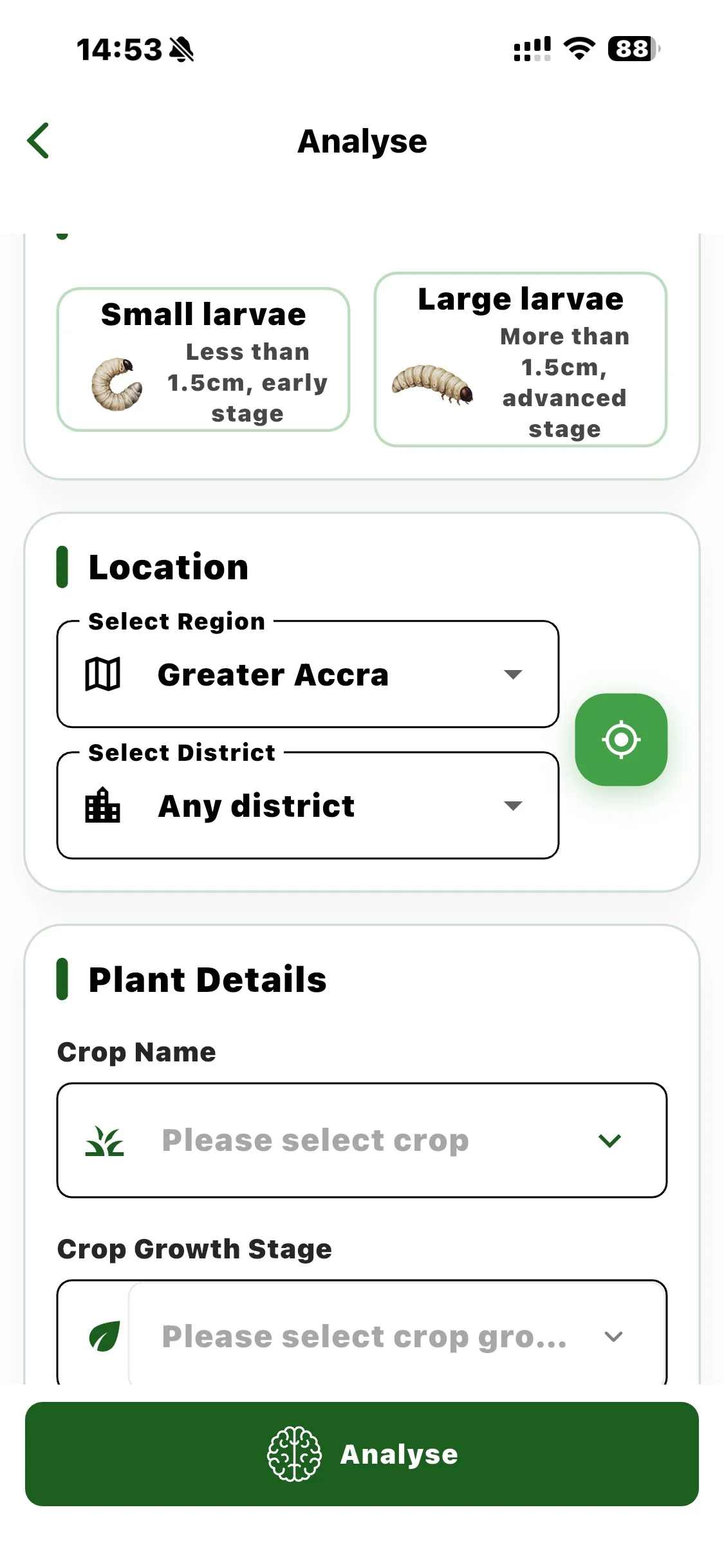 Pezego damage-analysis form: larva size, region (Greater Accra), district, crop name and growth stage.
