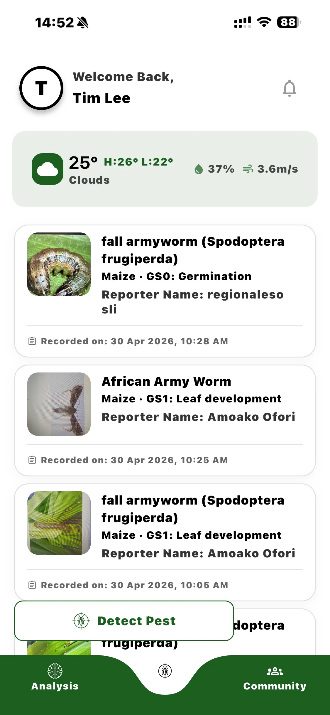 Pezego mobile app home screen with weather and recent pest identifications.